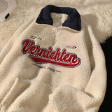 Foesce New Vintage Punk Sweatshirts Women Casual V-neck Long Sleeve Letter Embroidery Hoodie Harajuku Baseball Oversized Pullovers Tops