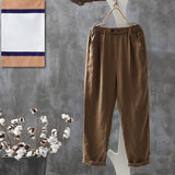 Casual Pants Women Summer Cotton Button Elastic Waist Ankle-length Basic Cool M-4XL All-match Simple Chic Harem Trousers Female