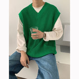 Black Blue Green V-neck Sweater Vest Men Fashion Casual Knit Pullover Men Korean Loose Jumper Vest Mens Knitted Sweater Vest