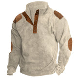 Vintage Waffed Patchwork Sweatshirt Men Spring Casual Loose Buttoned Stand Collar Pullover Mens Hoodie Fashion Streetwear