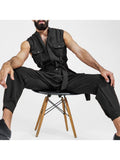 Men Jumpsuits Solid Lapel Sleeveless Multi Pockets Fashion Rompers With Belt Streetwear Casual Cargo Overalls Men