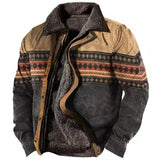 Foesce Winter Mens Warm Thick Fleece Lining Jackets Vintage Pattern Print Patchwork Turn-down Collar Buttoned Coats Men Outerwear