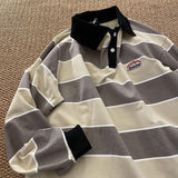 Japan Retro Striped Long-sleeved  Shirt Top Men Women Loose Trend Couple BF Lapel Sweatshirt Preppy Hip Hop Cool Shirts