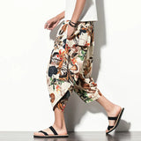 Summer Harajuku Calf Length Casual Men's Pants Wide Leg Cotton Linen Printing Harem Baggy Pants Fashion Men's Clothing