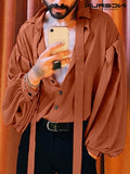 Fashion Men Shirt Solid Color Lapel Puff Long Sleeve With Tie Camisa Masculina Streetwear Loose Casual Shirts S-5XL