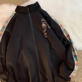Foesce Preppy stitching techwear jacket men's designer vintage zipper coat spring autumn Hong Kong style cartoon print bomber jacket