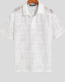Men Shirt Lapel Short Sleeve Lace Hollow Out Sexy Streetwear See Through Camisas Fashion Casual Men Clothing S-5XL