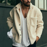 Foesce Winter Leisure Wool Jackets Mens Fashion Buttoned Lapel Long Sleeve Fleece Coats For Men Fall Casual Solid Color Outerwear