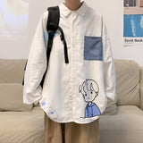 Foesce Harajuku Cartoon Boy Printed Men's Shirts Streetwear Turn-down Collar Blouses Plaid Long Sleeve Korean Tops Cardigan