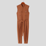 Men Jumpsuits Solid Lapel Sleeveless Multi Pockets Fashion Rompers With Belt Streetwear Casual Cargo Overalls Men