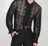 Foesce Sexy Leisure Tops Men's Lace Perspective Printing Blouse Stylish Male Well Fitting Ruffle Long Sleeve Thin Shirts S-5XL