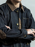 Men Fashion Black Denim Jacket Tough American Retro Hunting Jacket Denim Corduroy Stitching Denim Loose Jacket Trendy Men