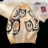Foesce Men Turtleneck Cute Anime Cartoon Knitted Sweater  Autumn Winter Streetwear Hip-hop Loose Pullover Knitwear Couples Sweaters