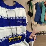 Foesce Patchwork Striped Men's Knitted Sweater Blue Pullovers Punk Black Sweaters Male Oversize Korean Streetwear Hip Hop