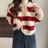 korean Bottoming Shirt Women's red Top Striped patchwork casual Loose Doll Collar Knit Sweater women Pullover All-match Sweaters