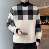 Fashion Half High Collar Knitted Spliced Lattice Korean Sweater Men's Clothing Autumn New Casual Pullovers Loose Warm Tops