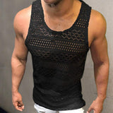 Tank Top for Men Lace Hollow Out Sleeveless Shirts Summer Mens Clothing Slim Fit Gym Clothes Workout Solid Color Vest Tops