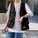 Foesce Men's functional Tooling Vest Streetwear Hip Hop Sleeveless Jacket Gilet Military Multi-Pocket Outdoors Cargo Vest Coat