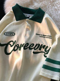 Foesce Vintage Short Sleeve Tees for Men  Summer New  Collar American Letter Baggy Women T-shirt Student  Button Preppy Tops
