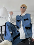 Foesce Jeans 2pcs Suit Men Trend Korean Handsome Casual Denim Vest Jacket + High Street Jeans Two-piece Suit Unisex Streetwear