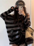 Gothic Streetwear Striped Knitted Sweater Women Harajuku Punk Hollow Out Jumper Hole Loose All-match Tops Grunge E-girl