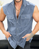 Fashion Men Shirt Solid Color Lapel Sleeveless Streetwear Button Pockets Casual Shirts Summer Leisure Camisas 5XL 7