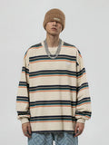 Apricot Stripe T Shirt  American Street Sweatshirt Men's High Street Vintage Hiphop Striped Long-sleeved T-shirt Oversize Tops
