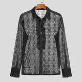 Foesce Sexy Leisure Tops Men's Lace Perspective Printing Blouse Stylish Male Well Fitting Ruffle Long Sleeve Thin Shirts S-5XL