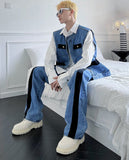 Foesce Jeans 2pcs Suit Men Trend Korean Handsome Casual Denim Vest Jacket + High Street Jeans Two-piece Suit Unisex Streetwear