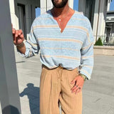 Foesce New Mens Linen T-Shirts Loose Long Sleeve V Neck Casual Tops Male Clothing Vintage Striped Printed Tee Shirt Fashion Pullovers