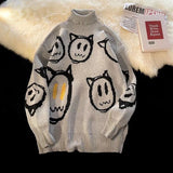 Foesce Men Turtleneck Cute Anime Cartoon Knitted Sweater  Autumn Winter Streetwear Hip-hop Loose Pullover Knitwear Couples Sweaters