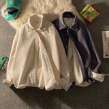 Solid Color Thicken Men Shirts Harajuku Casual Waffle Long Sleeve Male Blouses Turn-down Collar Autumn Winter Shirts
