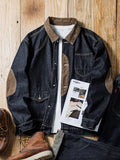 Men Fashion Black Denim Jacket Tough American Retro Hunting Jacket Denim Corduroy Stitching Denim Loose Jacket Trendy Men