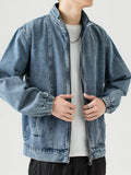 Foesce Stand Collar Denim Jacket Men Casual Autumn Zip Closure Jacket Coat Loose Baggy Blue Retro Jacket Man Fashion Clothing