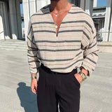 Foesce New Mens Linen T-Shirts Loose Long Sleeve V Neck Casual Tops Male Clothing Vintage Striped Printed Tee Shirt Fashion Pullovers