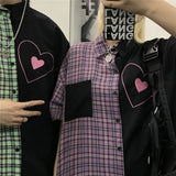 Vintage tooling shirt female summer new style plaid stitching heart kawaii lapel design sense niche chic short-sleeved loose top