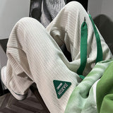 Corduroy Stripe Label Sweatpants For Men Streetwear Oversized Green Drawstring Sport Pants Fashion Design Male Trousers