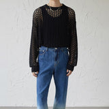 New Men's Vintage Loose Smock Tops Summer Fashion All-match Casual Geometic Hollow Out Outfits See-though Knit Shirts