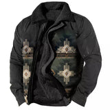 Foesce Winter Mens Warm Thick Fleece Lining Jackets Vintage Pattern Print Patchwork Turn-down Collar Buttoned Coats Men Outerwear