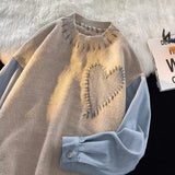Women Men Sweater Autumn Knit Patchwork Sweater Long Sleeve O-Neck Heart Pattern Knitted Pullover Loose Stitching Sweater Shirt