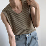 Spring Fall Thin Tank Top Men Sleeveless Loose Pullover Tees Trendy Pure Color Knitted Ribbed Vest Shirt Men's Clothing Knitwear