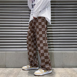 Spring New Men's Brown Check Print Baggy Jeans Korean Fashion Streetwear Denim Straight Pants Male Brand Trousers