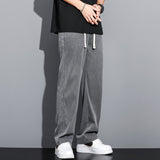 Summer New Soft Lyocell Fabric Men's Jeans Thin Loose Straight Pants Drawstring Elastic Waist Korean Trend Y2k Casual Trousers