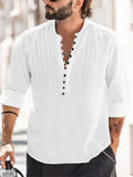 Spring Summer Mens Cotton Linen Shirts Casual Solid Color Long Sleeve Buttoned Stand Collar Tops Men Clothes Leisure Shirt