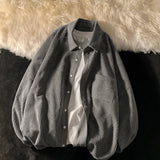 Solid Color Thicken Men Shirts Harajuku Casual Waffle Long Sleeve Male Blouses Turn-down Collar Autumn Winter Shirts