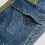Green & Blue Patchwork Color Men Loose Denim Pants Elastic Waist New Letters Printed Hip Hop Mens Cargo Jeans