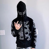 Goth Zip Up Hoodie Rhinestone Skeleton Grunge Oversized Sweatshirts Y2K Jackets Hoodies Men Streetwear Retro Sudaderas Pullover