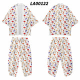 2PCS Men Print Mushroom Robe Sets Summer Rayon Pajamas Suit Cardigan Kimono Lagre Size Sleepwear Pant Casual Home Clothes