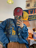 Giraffe Embroidered Zoo Denim Shirt Men Autumn New Vintage Style Casual Long Sleeve Casual Shirt Women Top Punk Style