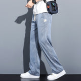 Summer New Soft Lyocell Fabric Men's Jeans Thin Loose Straight Pants Drawstring Elastic Waist Korean Trend Y2k Casual Trousers